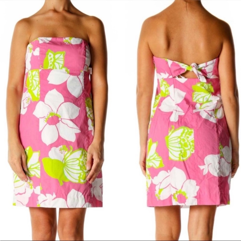 Lilly Pulitzer strapless tie back dress.